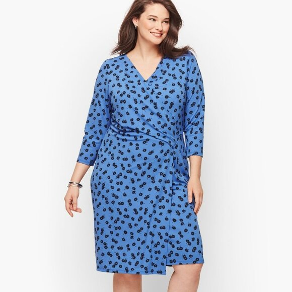 Talbots‎ Knit Jersey Faux Wrap Dress Women Plus 3X Blue Daisies Floral Stretch - Picture 1 of 9